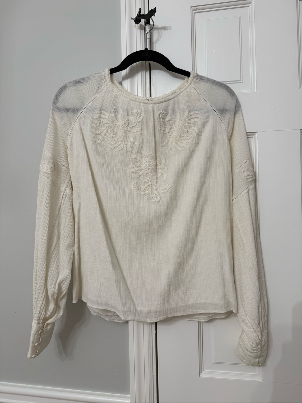 Cream Embroidered Long-Sleeve Women's Blouse